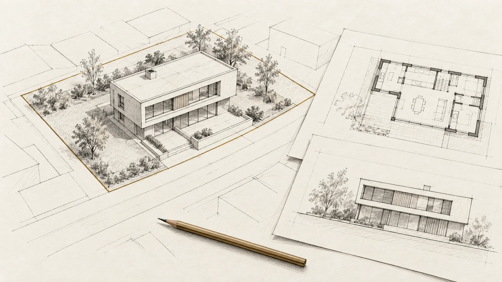 Architekturmodell eines Wohnhauses auf einem Situationsplan neben Grundriss, Gebäudeansicht und Bleistift.