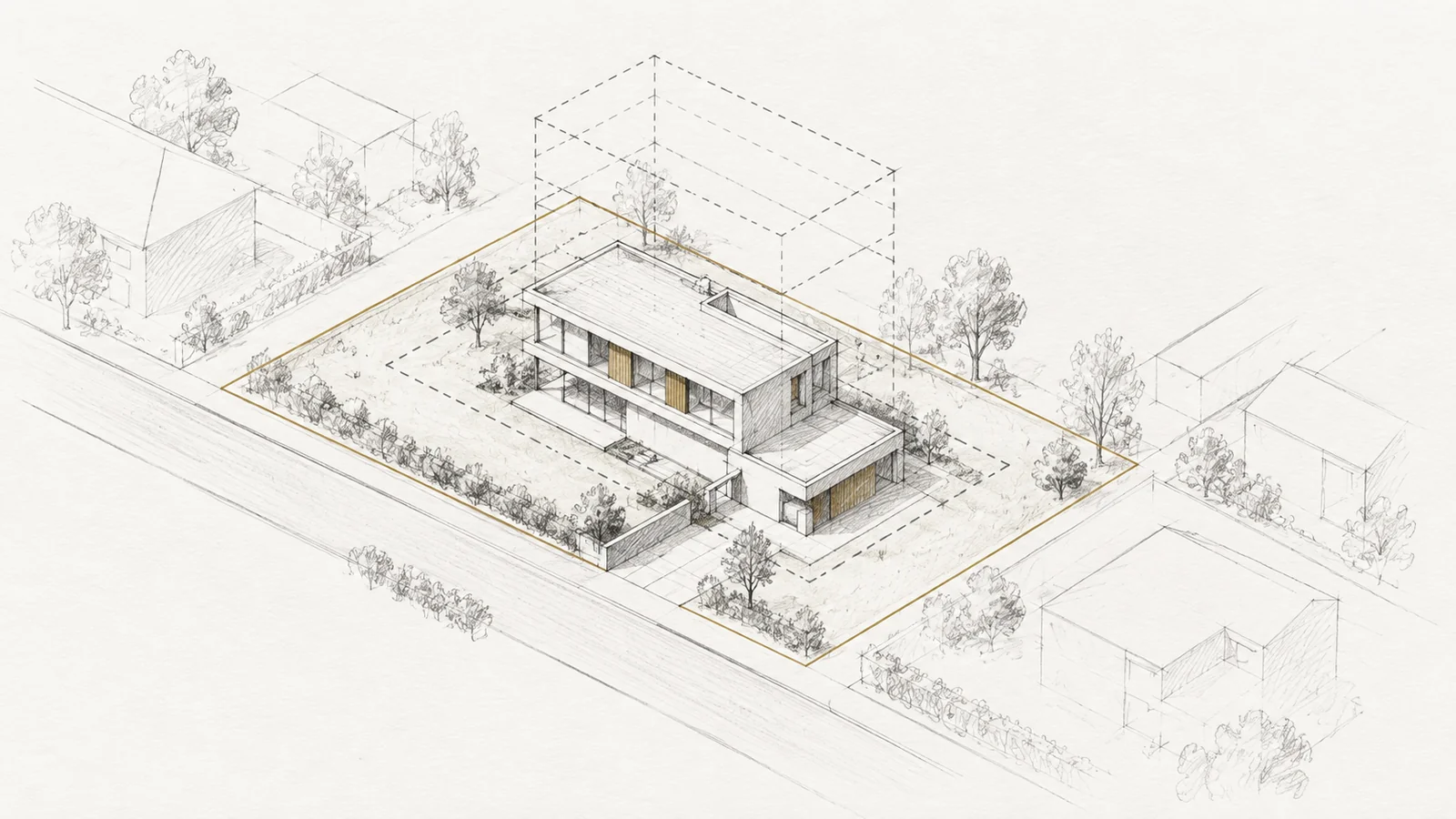 Grundstücksskizze mit Wohnhaus, markierter Parzellengrenze und gestricheltem Volumenumriss.