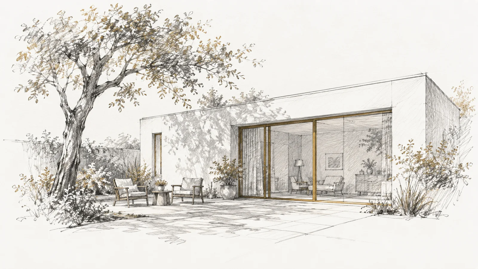 Eingeschossiges Wohnhaus mit breiter Glasfront und ebener Gartenterrasse mit zwei Sitzplätzen.