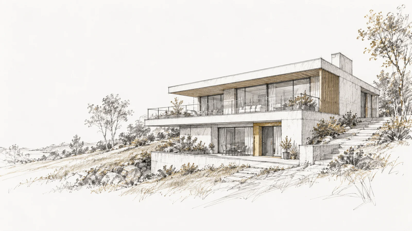 Wohnhaus am Hang mit kleiner Gartenwohnung, eigener Terrasse und separatem Zugang.