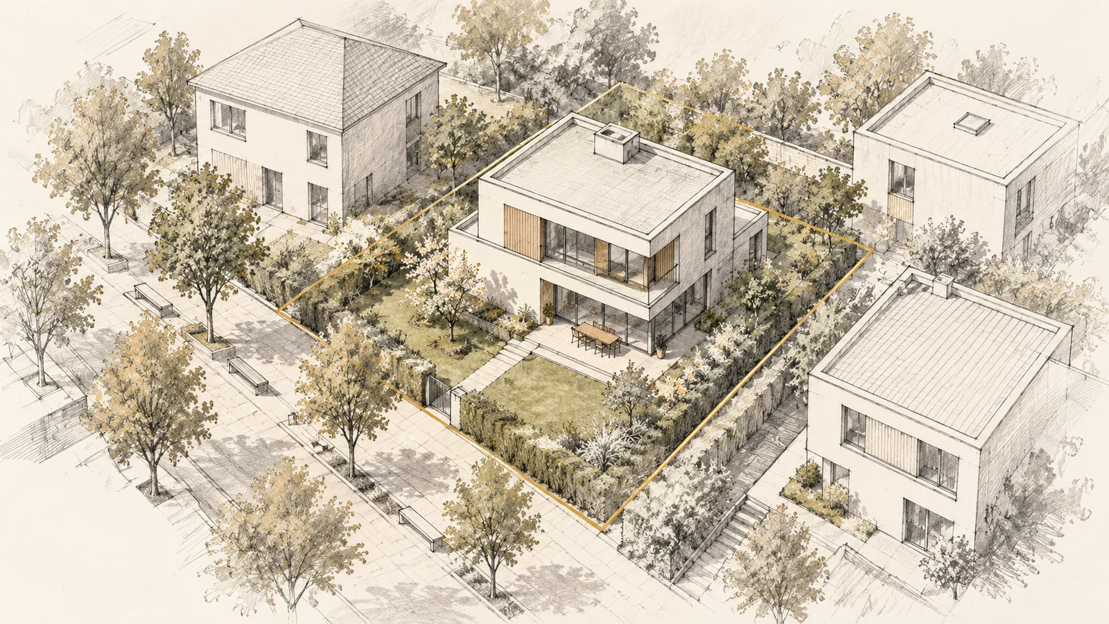 Handskizze eines Wohnhauses im Quartier mit Garten und goldfarben hervorgehobener Grundstücksgrenze.