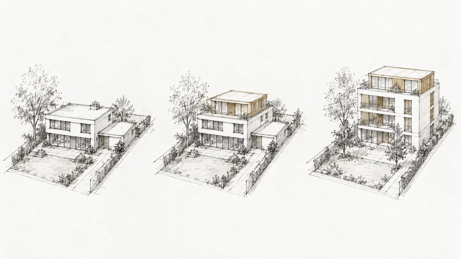 Drei skizzierte Bebauungsvarianten eines Grundstücks: Anbau, Aufstockung und Ersatzneubau.